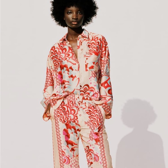 Zara Tops Zara Red Floral Print Silk Blouse Poshmark